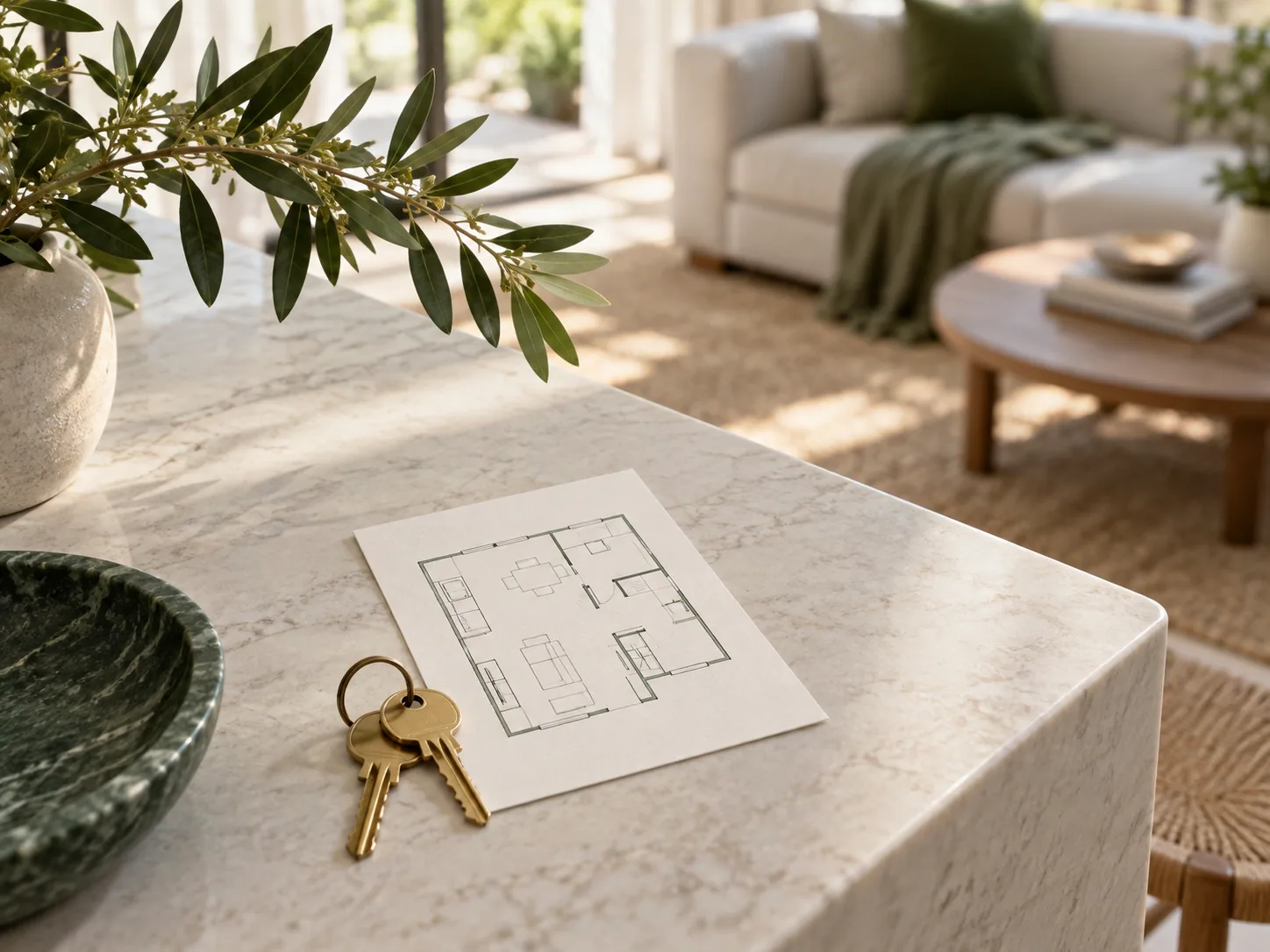 House keys and a floor plan in a bright living space