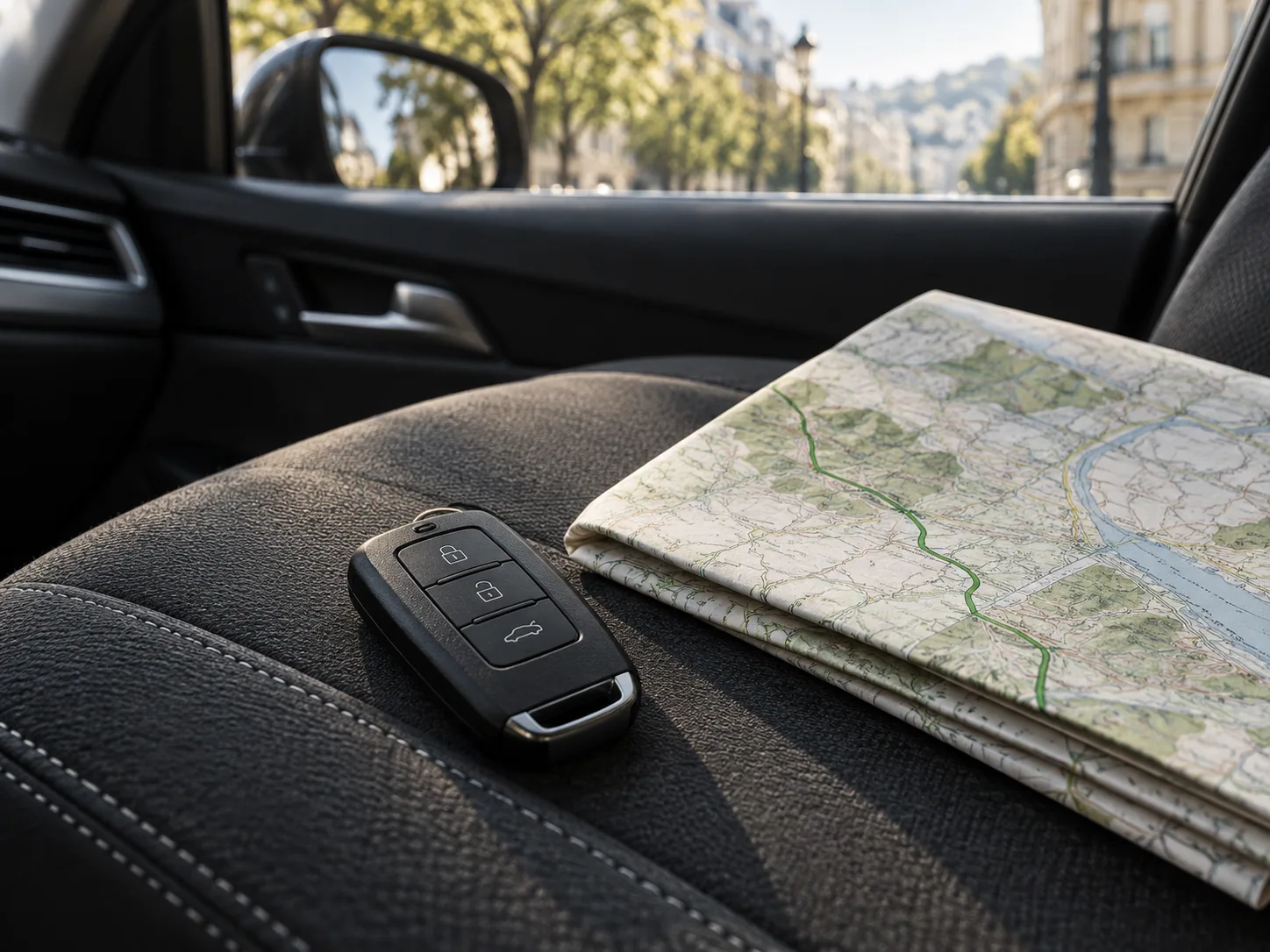 Unbranded car key and road map on a passenger seat