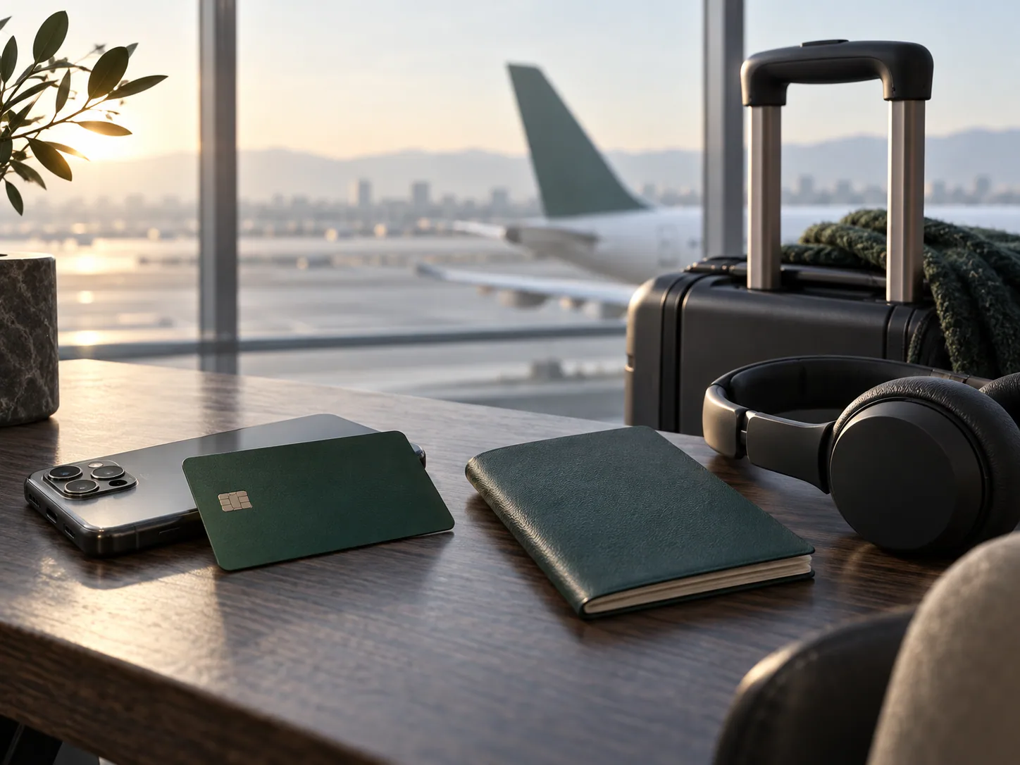 Phone, blank payment card and luggage beside an airport window