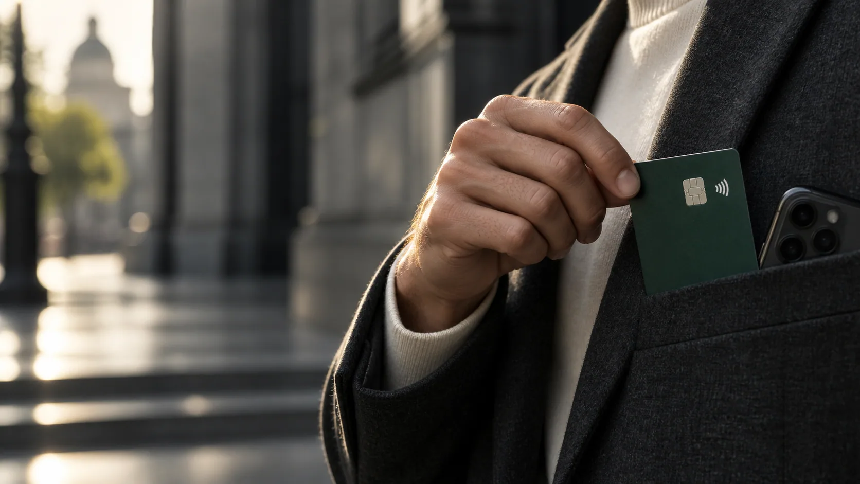 Hand placing a blank green payment card into a jacket pocket