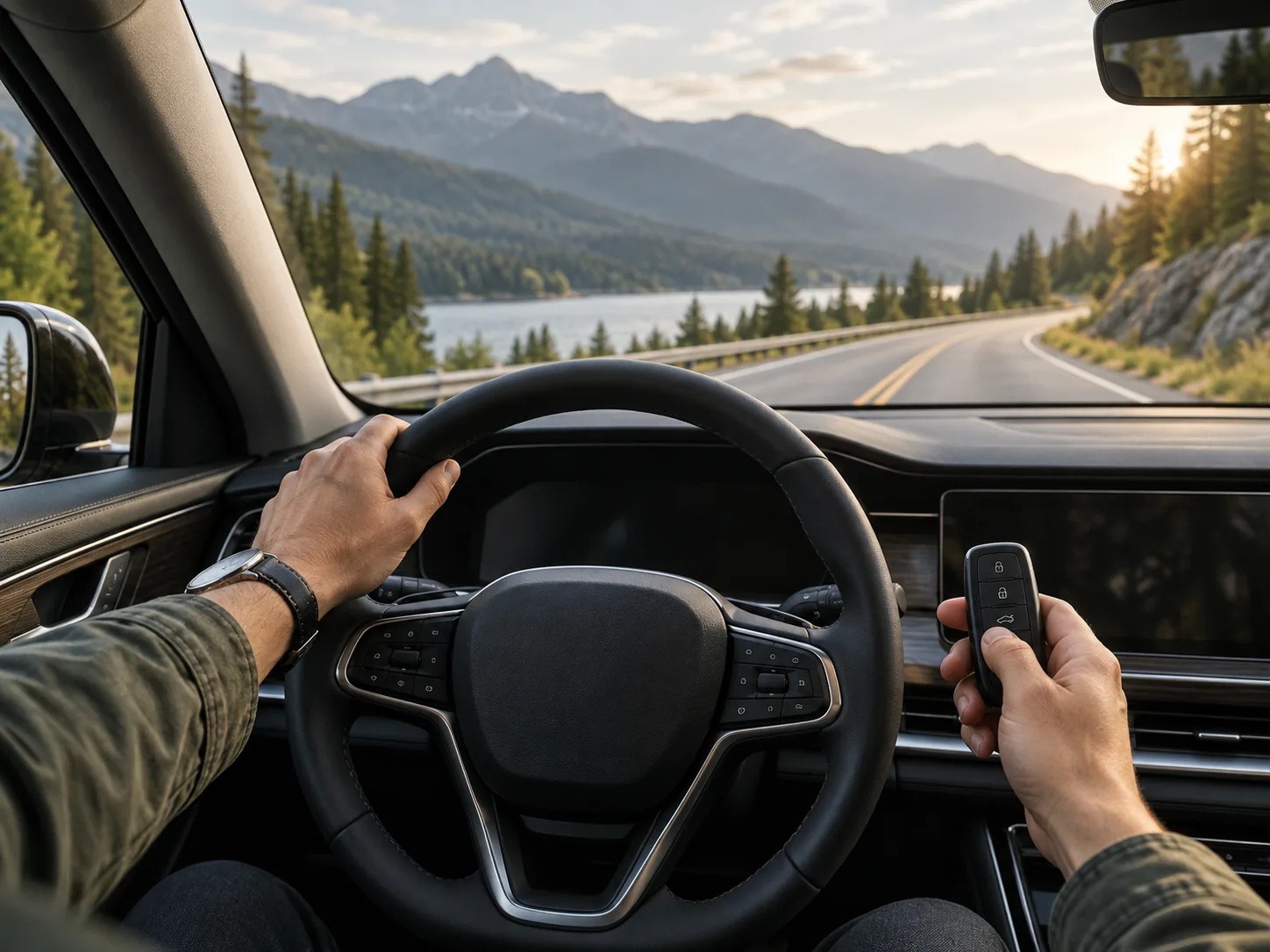 Driver holding a key fob on an open mountain road