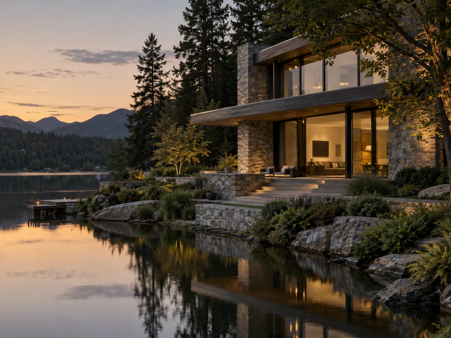 Quiet contemporary lakeside residence at early evening