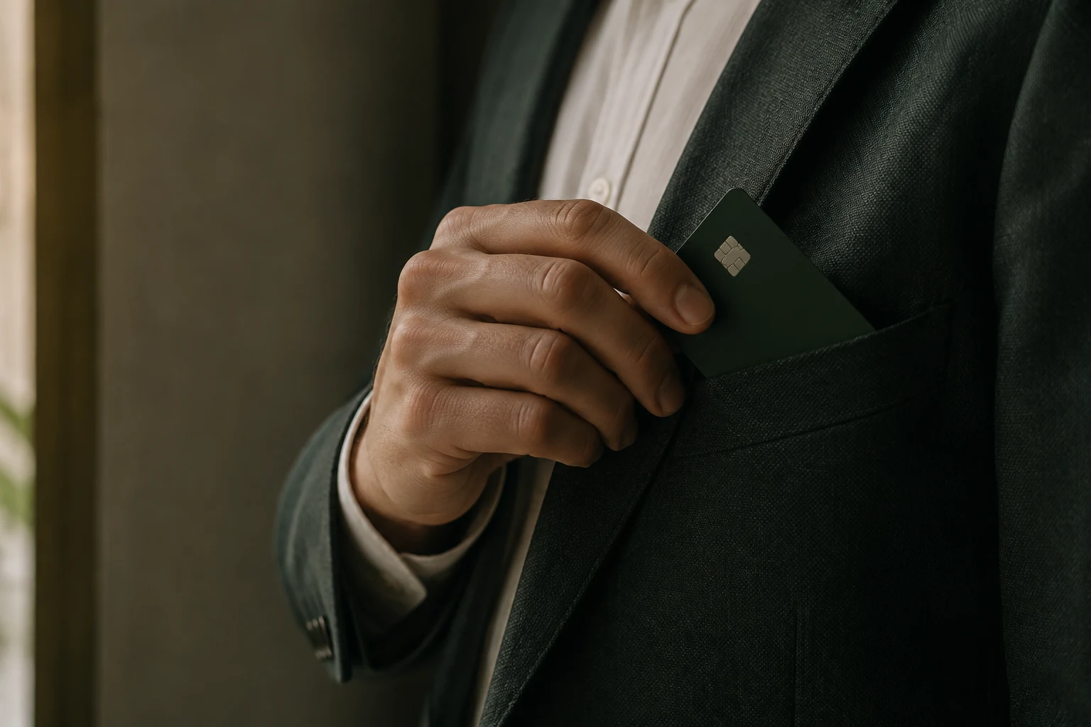 Close-up of a person placing a blank green payment card into a jacket pocket