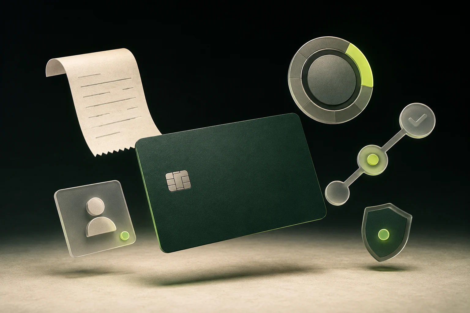 Blank green corporate card surrounded by abstract spending and approval controls